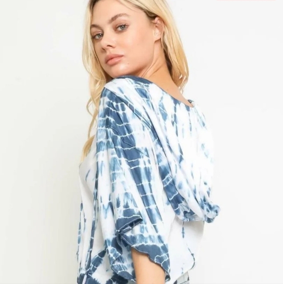 Vici Baja Blue Tie Dye Oversized Crop Top Cropped Hoodie Boho Beach Size Small - Picture 10 of 12